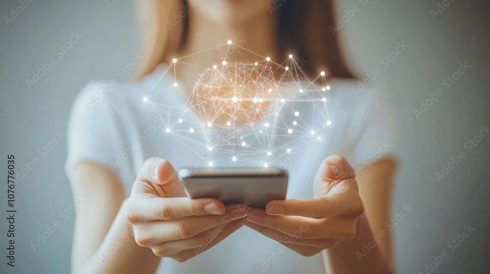 Poster A person holding a smartphone with a facial recognition icon on screen representing biometric fintech security with side empty space for text Stockphoto style