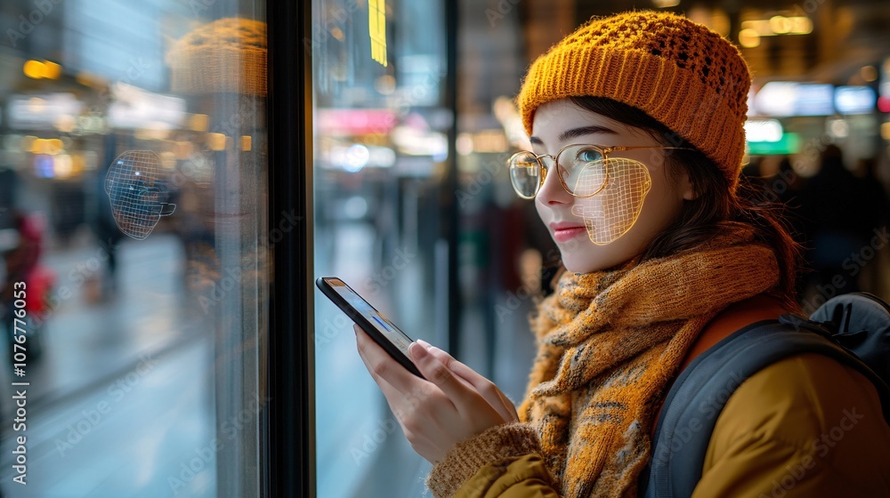 Poster A person holding a smartphone with a facial recognition icon on screen representing biometric fintech security with side empty space for text Stockphoto style