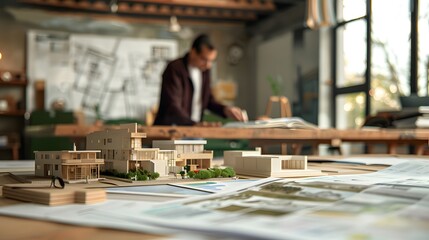 Modern Architectural Model on Table with Designer in Background at Creative Studio Focusing on Innovative Design and Planning Process for Future Projects