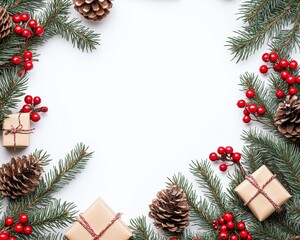 Christmas white background with Christmas balls decorations. Merry Christmas and Happy Holidays greeting card, frame, banner.