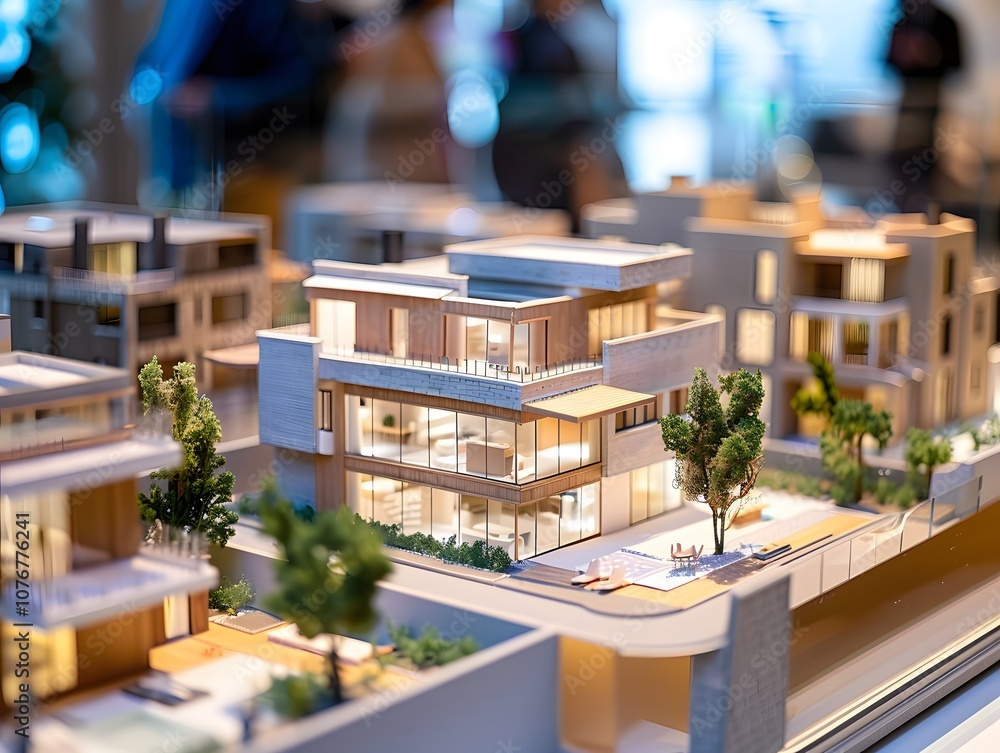 Poster detailed architectural model of modern luxury homes showcasing design elements and landscaping featu