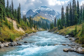 Obraz premium A Mountain Stream Flows Through a Valley With Snow-Capped Peaks