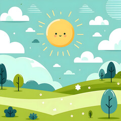 Naklejka premium background with a simplistic flat illustration. There is a large yellow sun . There are small blue clouds scattered across the sky. The ground is a green grassy field with trees