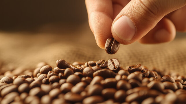 Coffee bean selection, hand picking a single bean from a textured pile, showcasing color variations, burlap sack in the background