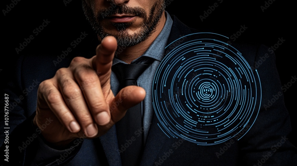Aufkleber A digital display of a fingerprint icon hovering over a secure payment screen symbolizing the role of biometrics in fintech security with side empty space for text Stockphoto style