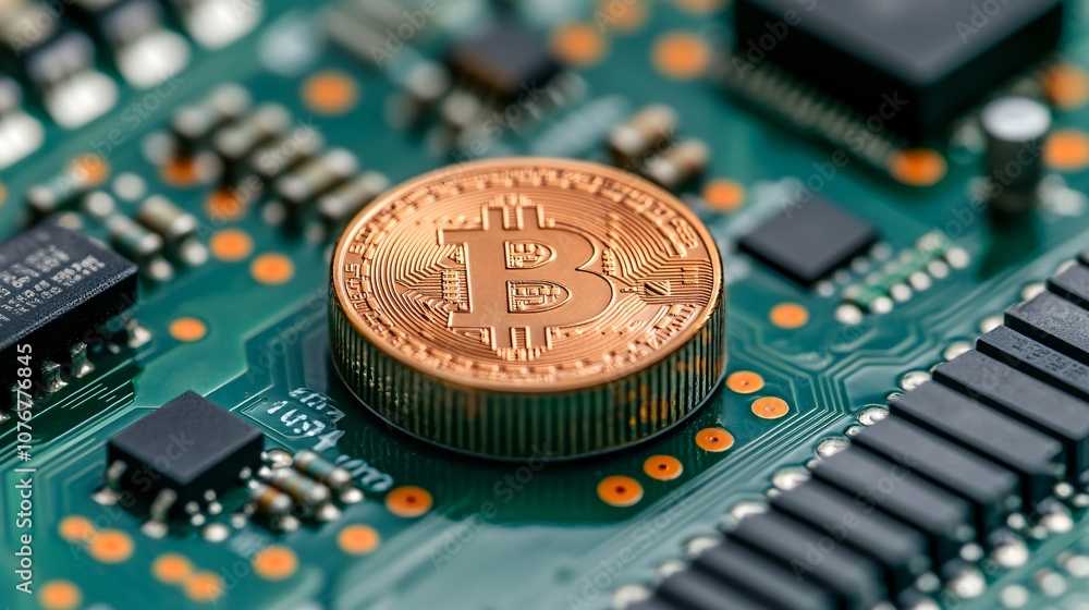 Poster A cryptocurrency coin placed over a circuit board in a close-up shot symbolizing digital finance with side empty space for text Stockphoto style