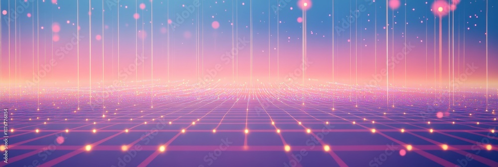 Poster futuristic tech grid: minimal illustration with glowing lines and dots on blue gradient background