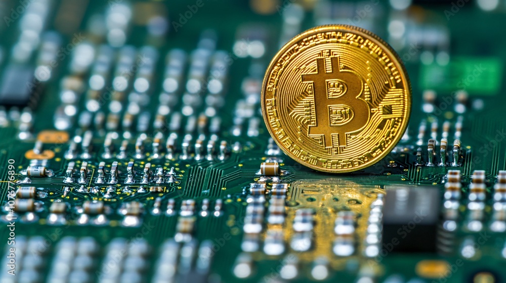 Leinwandbilder a cryptocurrency coin placed over a circuit board in a close-up shot symbolizing digital finance wit