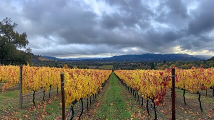 Obraz premium A panoramic view of an autumn vineyard with rows of grapevines covered in yellow and red leaves under a cloudy sky