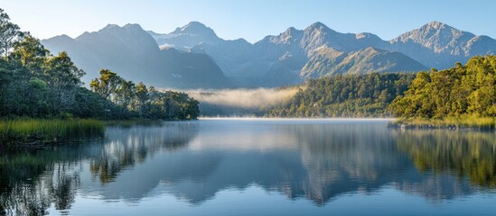 Calm lake with reflections of mountains and trees in the morning mist.
