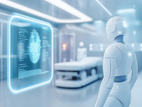 A futuristic robotic figure observes a digital display in a sleek, high-tech medical environment.