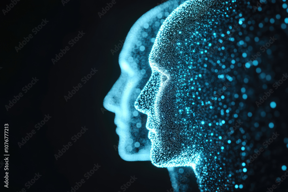 Poster human silhouettes merging with fractal patterns in a technological landscape of artificial intellige