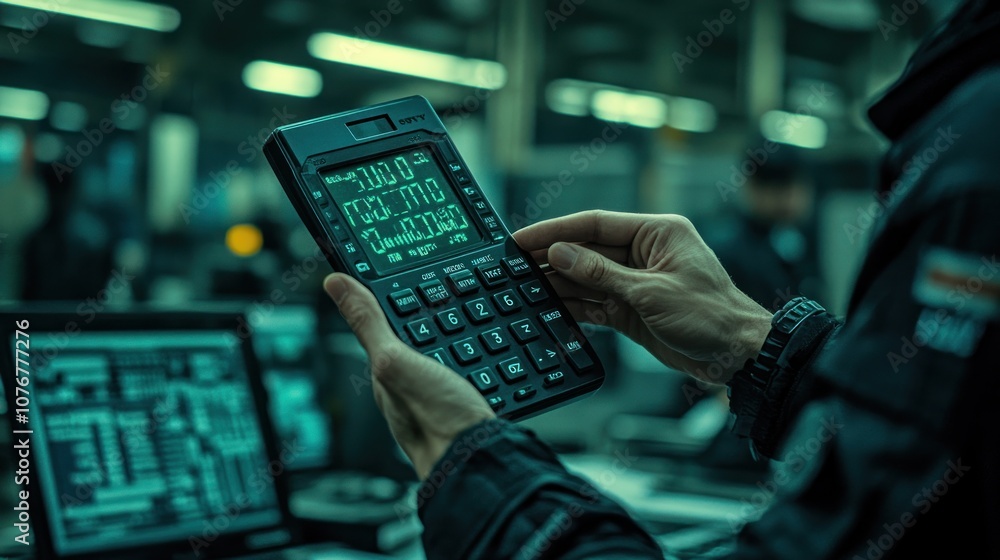 Poster close-up of a worker's hands holding a calculator in a factory setting.