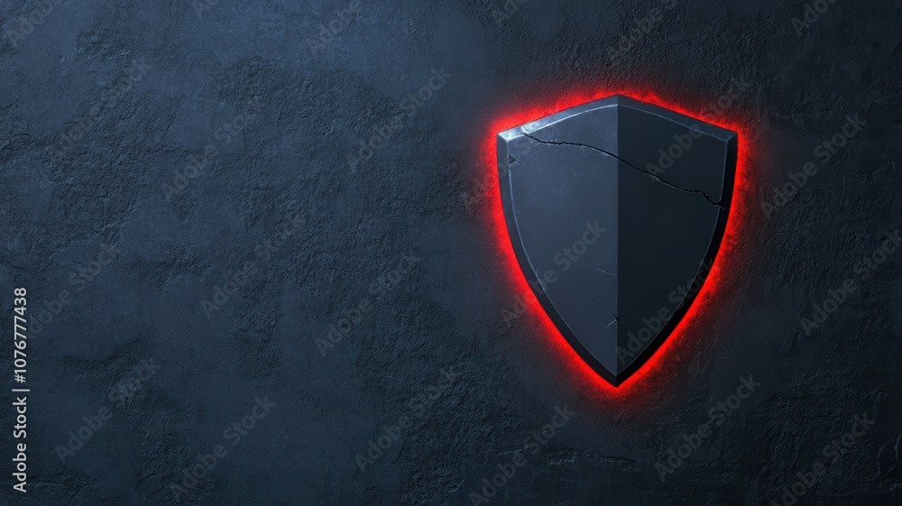 Poster digital shield icon representing cybersecurity with red alert glow on dark textured background for s