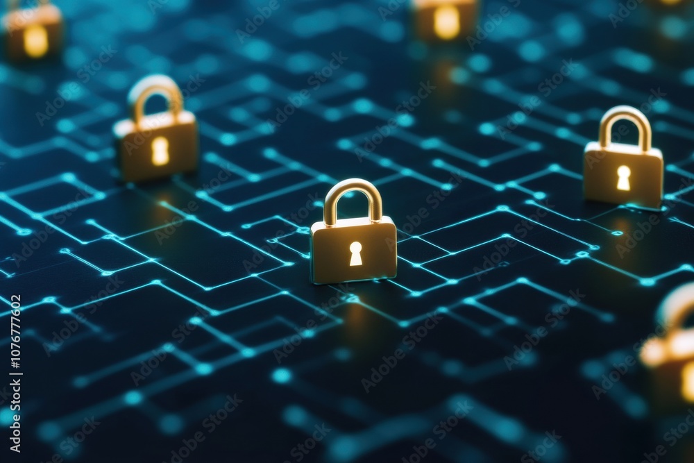 Poster holographic security icons with glitch effects surrounded by digital patterns and circuitry in a hig