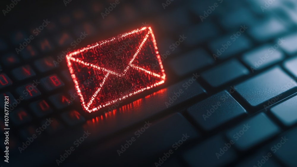 Poster realistic depiction of a phishing warning in an inbox with a glowing red envelope symbolizing email 