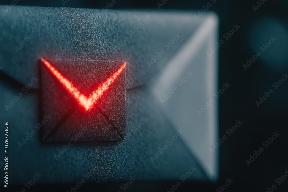 Poster realistic red alert icon representing phishing threats in email inbox with warning signal on envelop