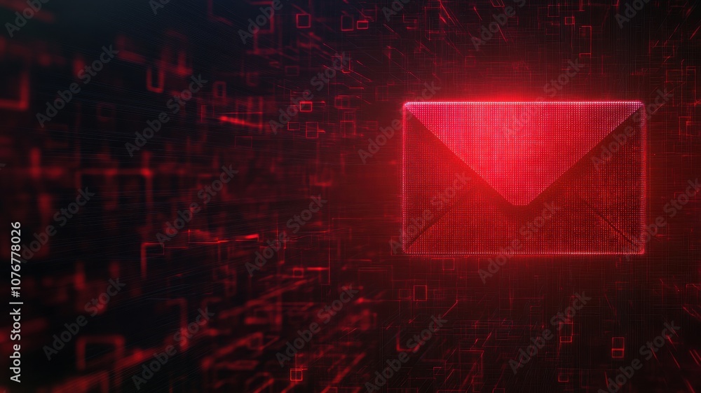 Poster dark glitchy email icon with lock symbol representing suspicion and cybersecurity concerns in digita
