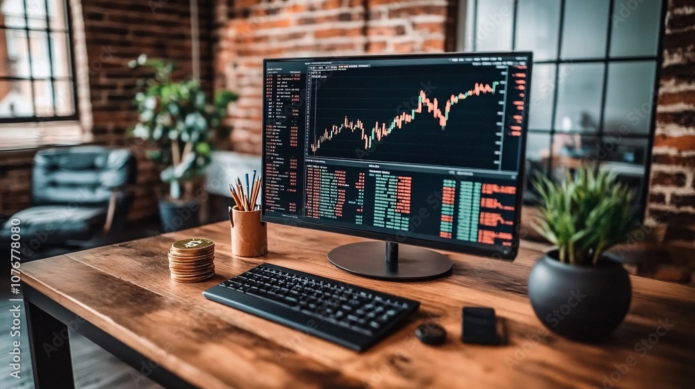 Poster A modern office setting with monitors showing cryptocurrency trading data and graphs representing a fintech trading environment with side empty space for text Stockphoto style
