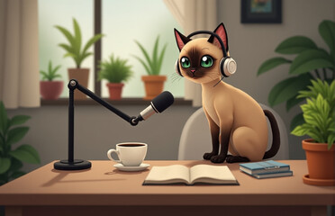 animated kitten doing a podcast