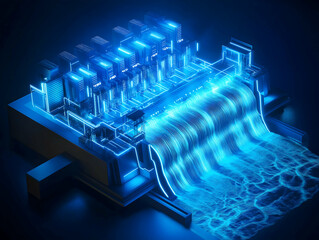 A futuristic hydroelectric dam illuminated by blue lights, showcasing water cascading with a digital aesthetic.