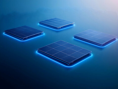 A futuristic digital representation of glowing solar panels floating in a serene, blue environment, symbolizing renewable energy and innovation.
