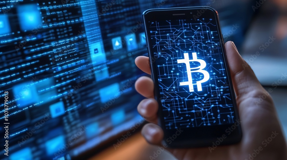 Poster A hand holding a smartphone showing a blockchain structure on screen symbolizing transparent transactions with side empty space for text Stockphoto style