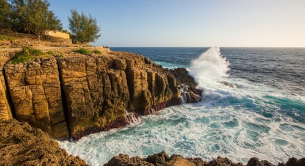 Obraz premium Ocean Waves Crashing Against Rocky Coastline