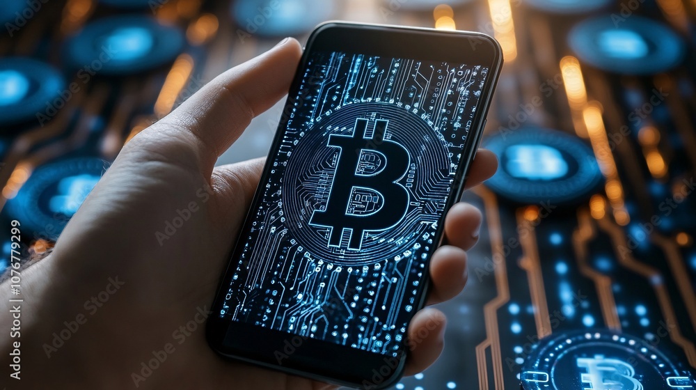 Fototapete A hand holding a smartphone showing a blockchain structure on screen symbolizing transparent transactions with side empty space for text Stockphoto style