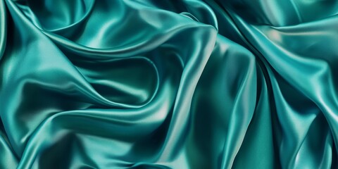 Obraz premium Luxurious green satin fabric with rich folds, creating a soft and flowing texture. Elegant and vibrant material ideal for backgrounds, banners, or fashion-themed projects.