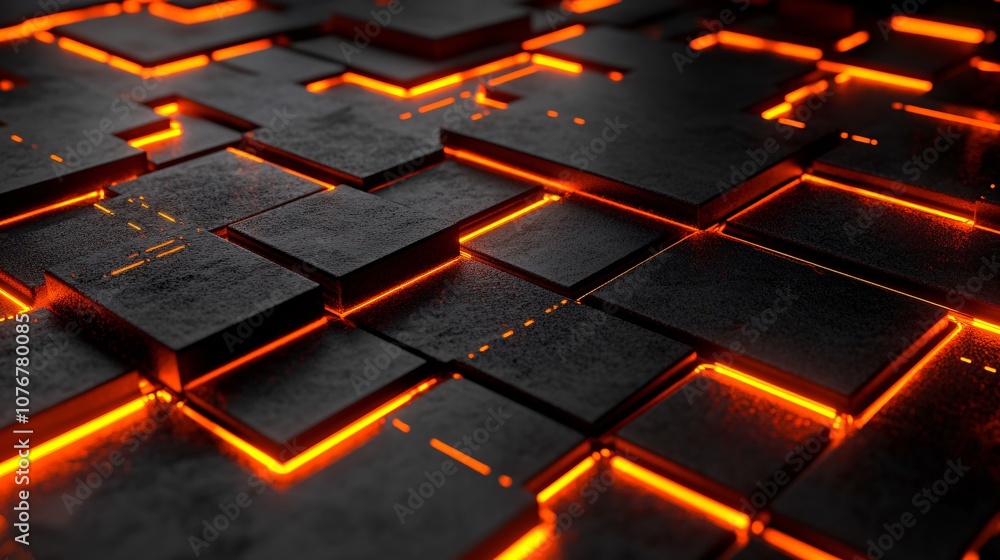 Fototapete A 3D illustration of a blockchain concept with nodes and secure digital pathways representing fintech connectivity with side empty space for text Stockphoto style