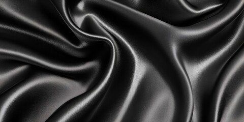 Luxurious black satin fabric with rich folds, creating a soft and flowing texture. Elegant and vibrant material ideal for backgrounds, banners, or fashion-themed projects.