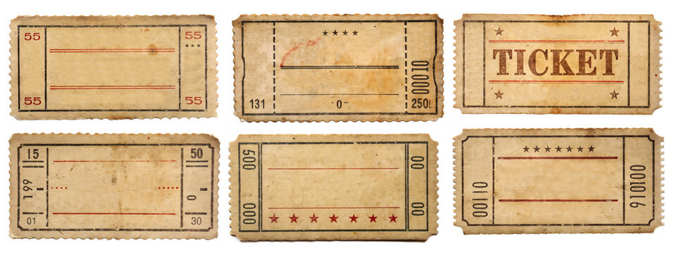A set of old tickets on a white background.