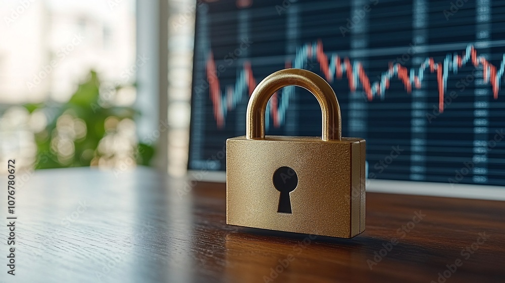 Poster a digital illustration of a padlock over financial data symbols representing fintech security with s