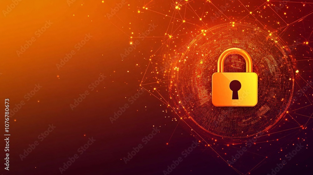 Poster A digital illustration of a padlock over financial data symbols representing fintech security with side empty space for text Stockphoto style