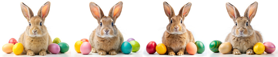 Obraz premium Set of cute little bunnies and easter eggs on a white background.