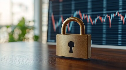 Fototapeta premium A digital illustration of a padlock over financial data symbols representing fintech security with side empty space for text Stockphoto style