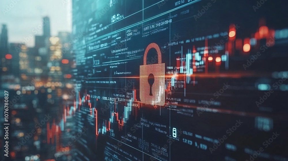 Poster a digital illustration of a padlock over financial data symbols representing fintech security with s