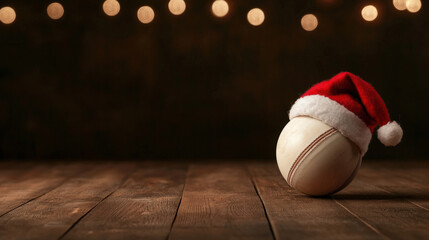 cricket ball wearing Santa hat rests on wooden floor, creating festive atmosphere. warm lights in background enhance holiday spirit