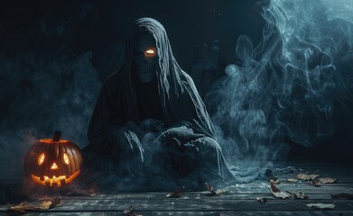 Halloween ghost in hooded cloak with glowing eyes sitting on the floor next to jack o lantern, dark background