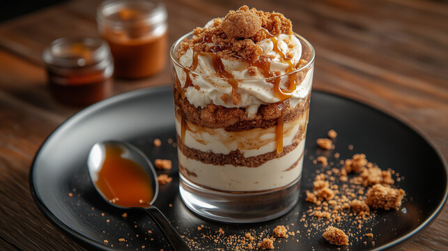Caramel Speculoos Tiramisu on Black Plate