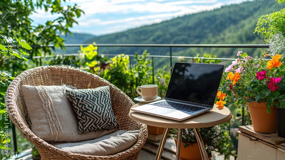 Fototapete Remote work setup on a balcony with scenic mountain views, showing a laptop on a table and a comfortable chair with a cup of tea, suggesting a flexible work environment with side empty space for text