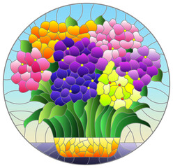 Stained glass illustration with a bouquet of hydrangea flowers, composition on a blue background