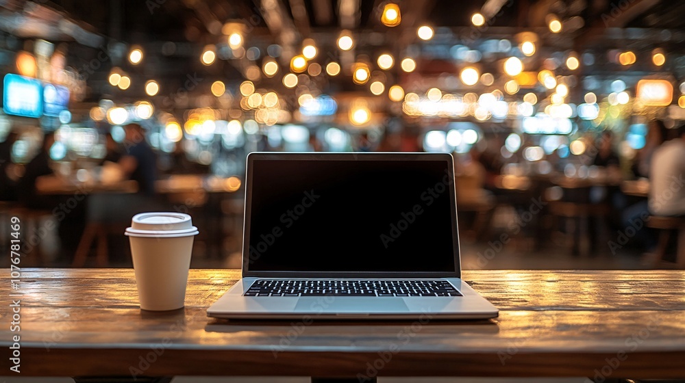 Poster Freelancer working in a bustling cafe, laptop and coffee cup on the table, with blurred background of people in conversation, evoking productivity in dynamic environments with side empty space for