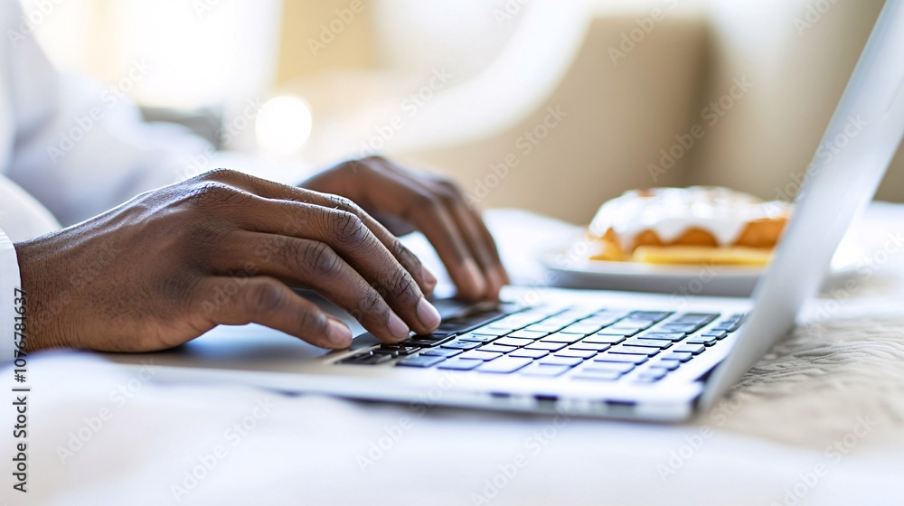 Poster person typing on a laptop from bed, with a breakfast tray nearby, symbolizing flexibility in work lo