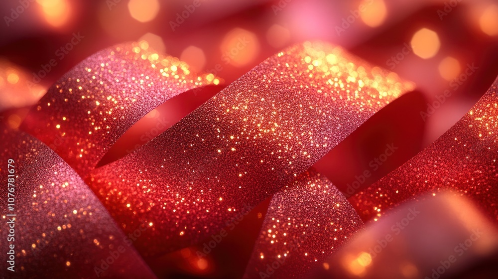 Poster close-up of sparkling red ribbon with blurred lights in the background.