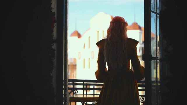 royal person girl princess goes out of dark room onto balcony, enjoying fresh air nature blue sky day old city. Luxury woman queen back rear view. medieval style dress. sexy blonde lady curly hair 4k