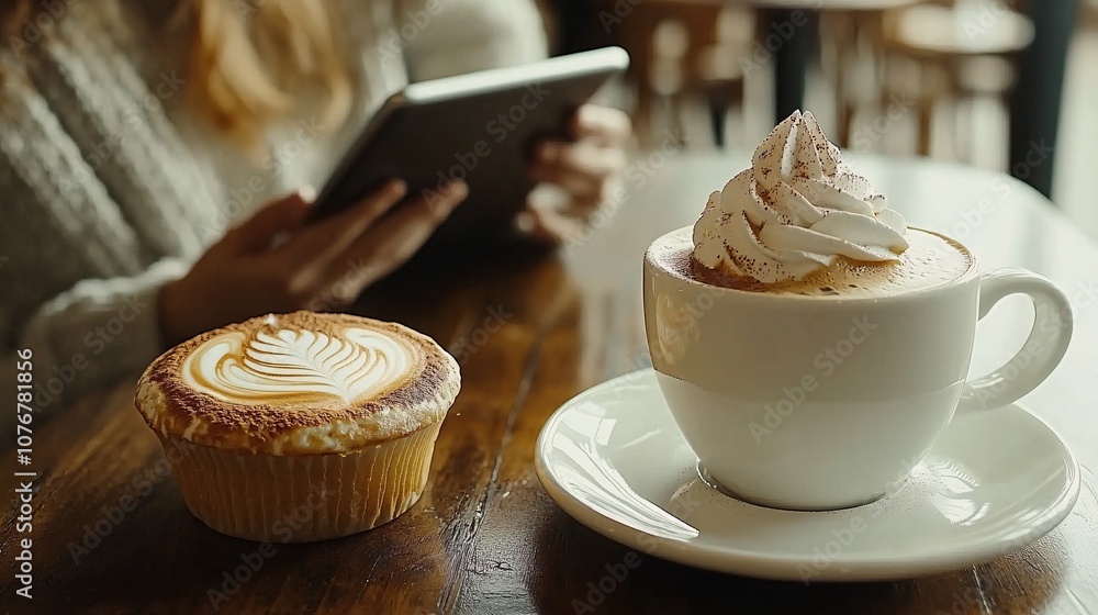 Poster Remote worker on a tablet in a cafe setting, wearing casual attire with coffee and a dessert on the table, blending work and leisure in a trendy spot with side empty space for text Stockphoto style