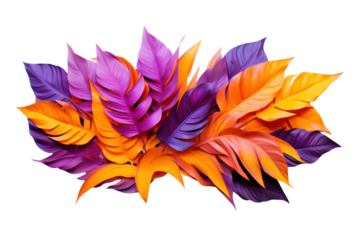 A creative composition of fluorescent tropical foliage with exaggerated hues of orange, yellow, and purple, flat lay view isolated on white background