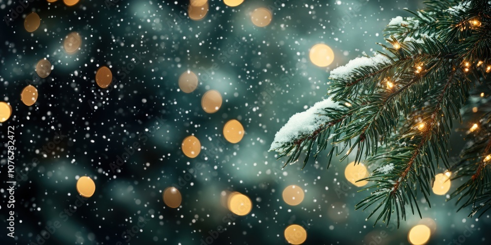 Poster pine tree branches with snow and bokeh lights in the background christmas wonderland atmosphere.